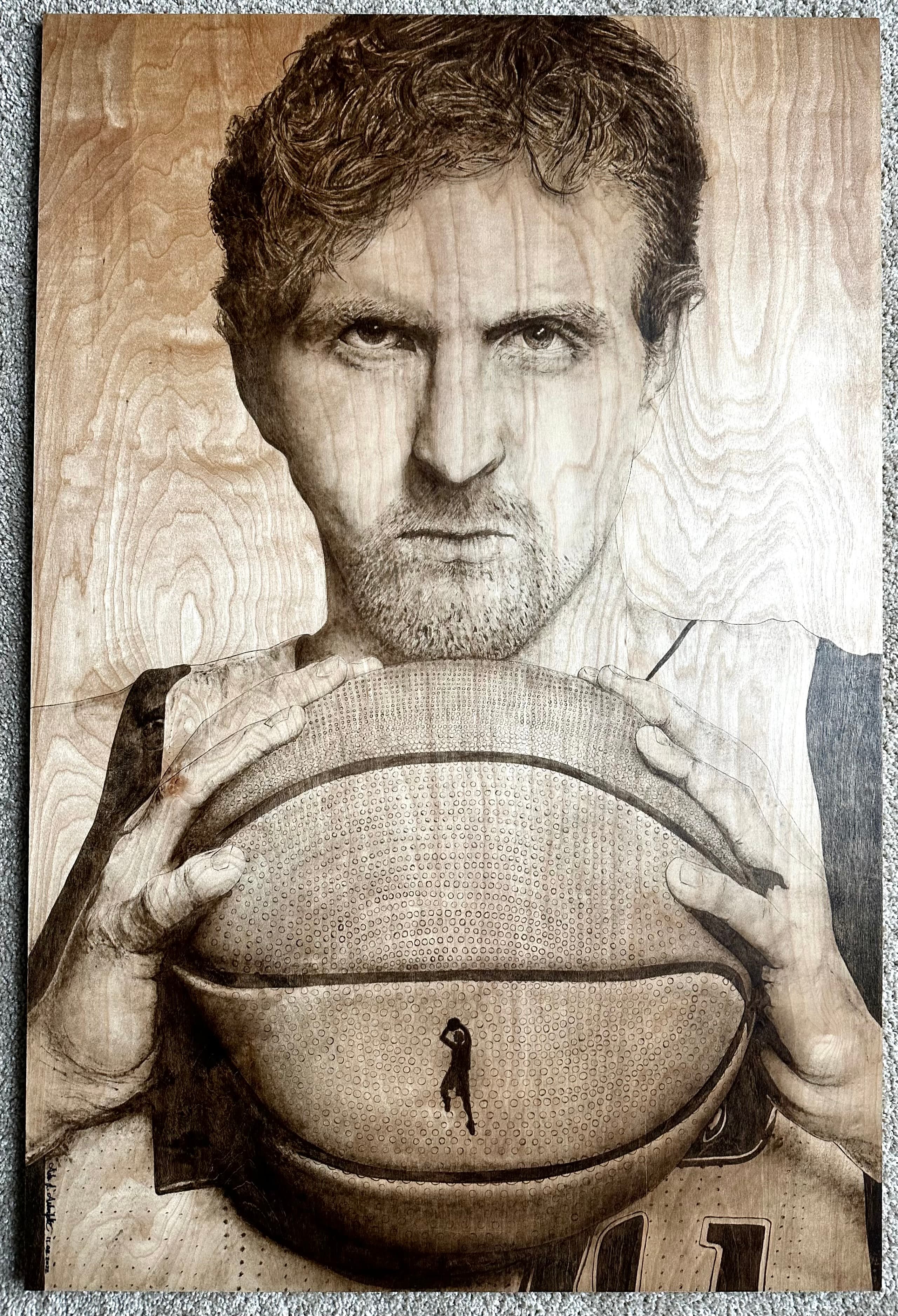 Dirk Nowitzki — wood stain art on Birch plywood, 2022