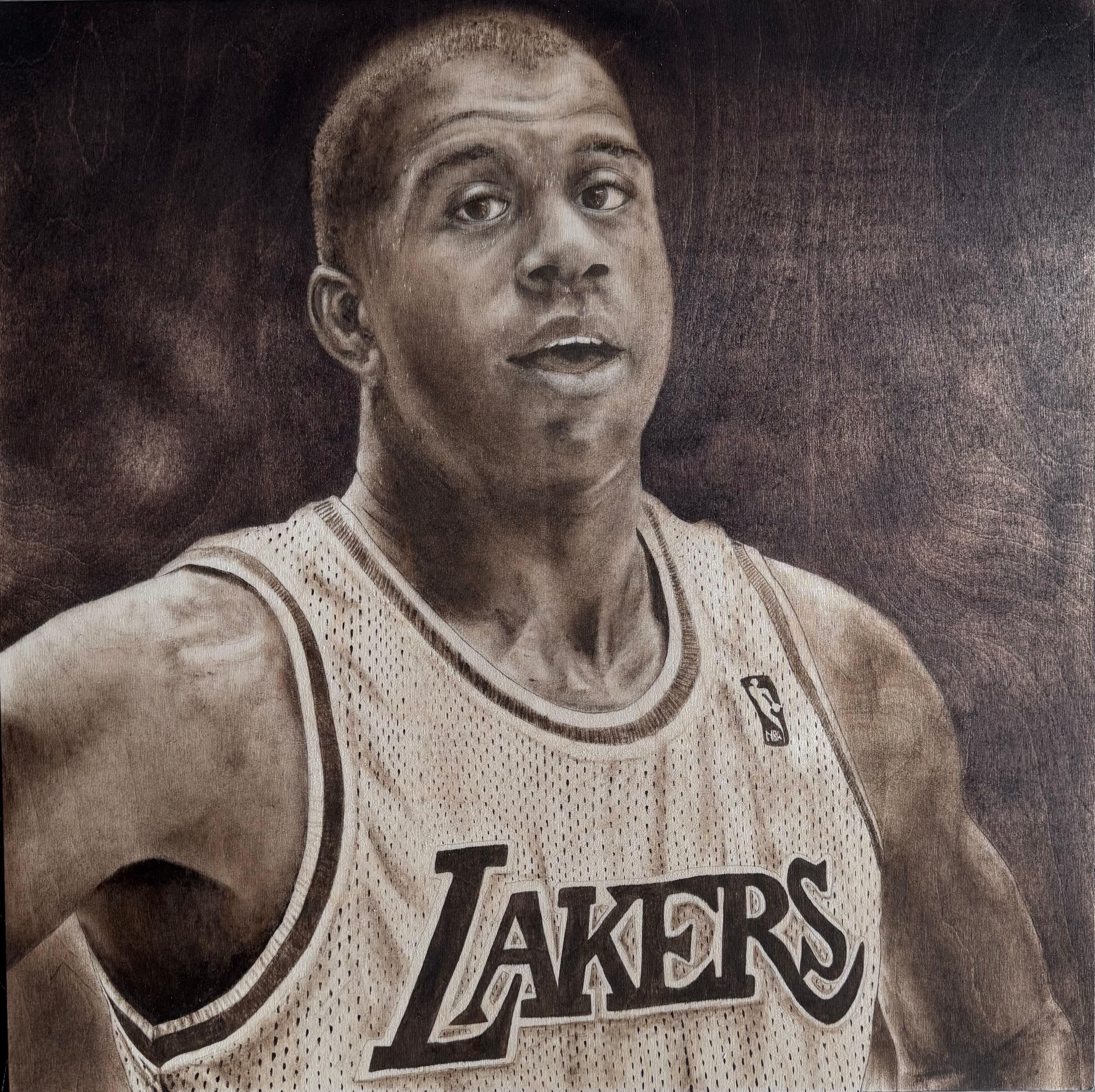 Magic Johnson — wood stain art on Birch plywood, 2026